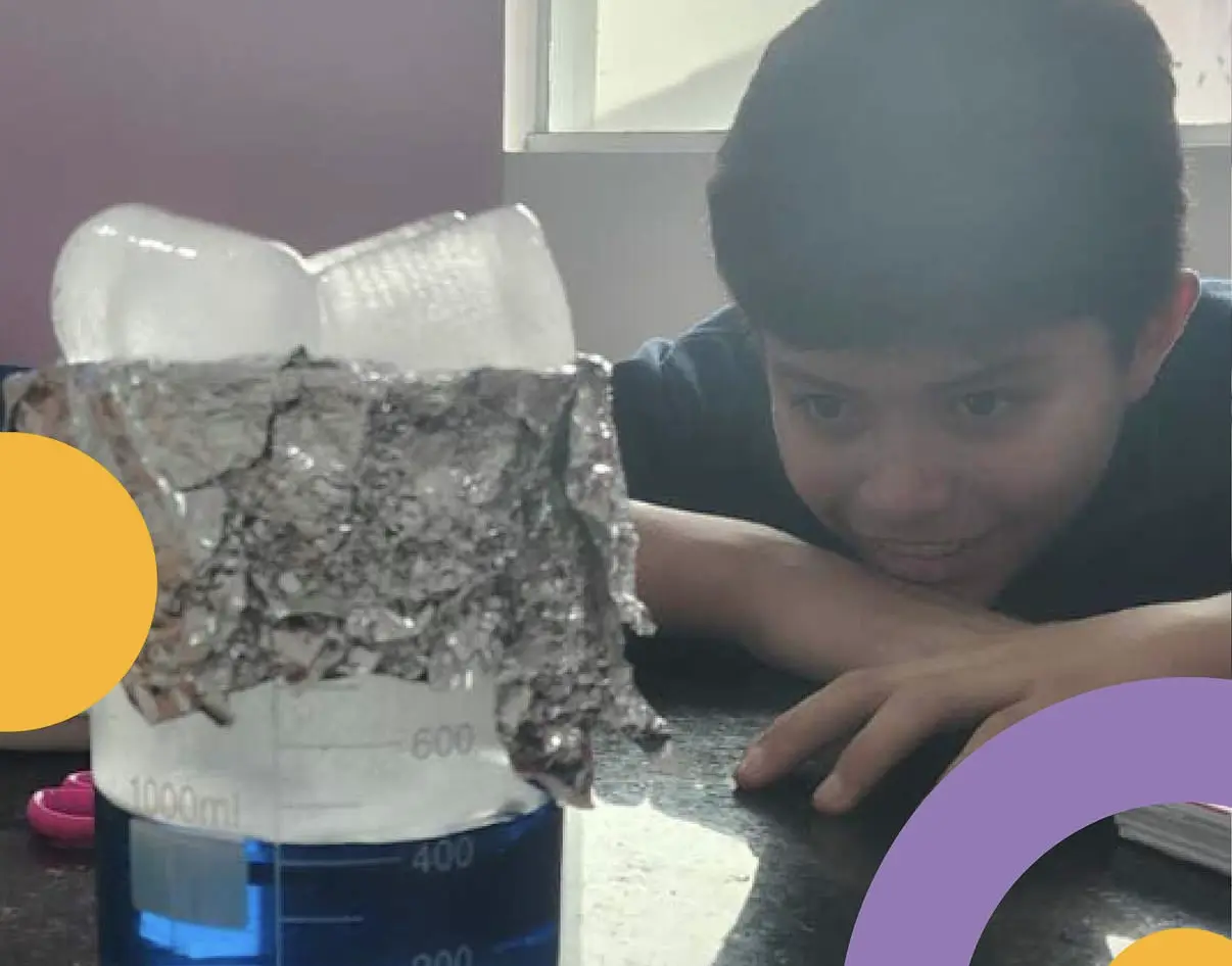 Aluno observando atentamente um experimento